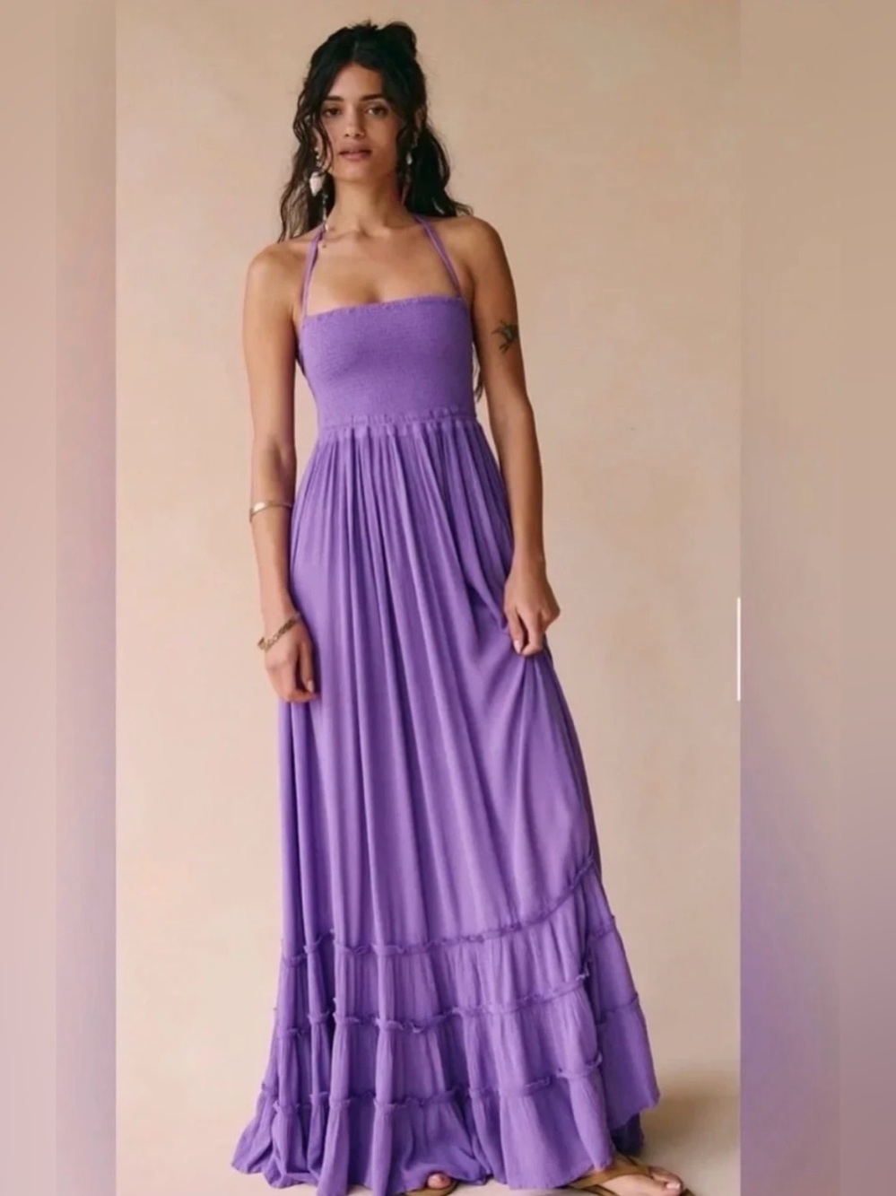 Free People Spaghetti-Strap Purple Maxi Dress with Tiered Ruffle Hem